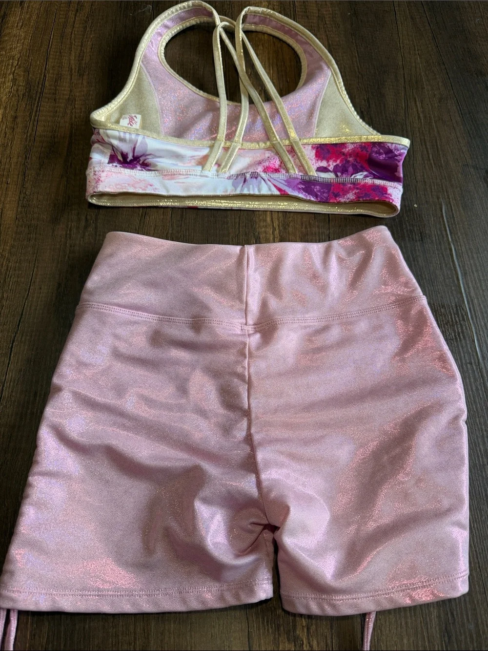 Justice Pink Shimmer Bike Shorts with Pink Watercolor Sports Bra